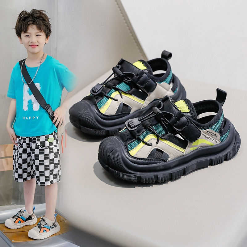 Children's Baotou Sandals Summer Soft Bottom Velcro Boys Beach Shoes Korean Version Of Elementary School Students Hole Shoes