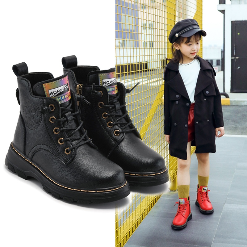 Girls Martin Boots Autumn And Winter Models For Middle And Large Children's Single Boots Fashionable And Casual Plus Velvet And Thickened Boys'Cotton Boots