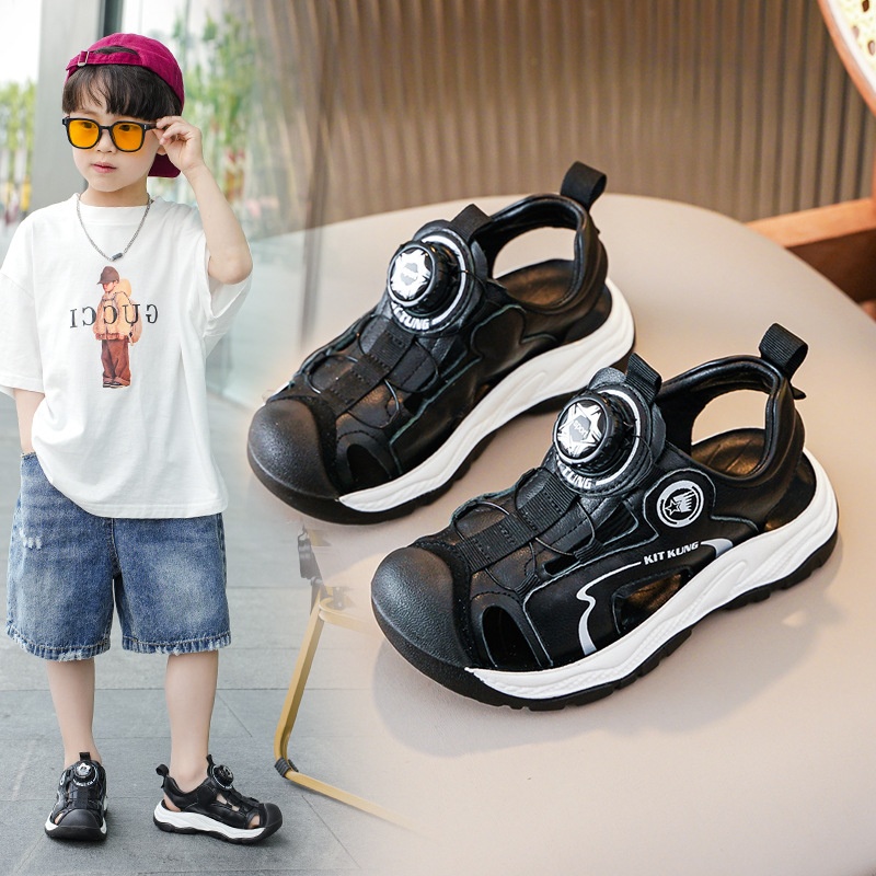 Children's Summer Sandals Leather Breathable Baby Shoes Soft Bottom Non-slip Rotating Buckle Boy's Closed Toe Beach Sports Shoes