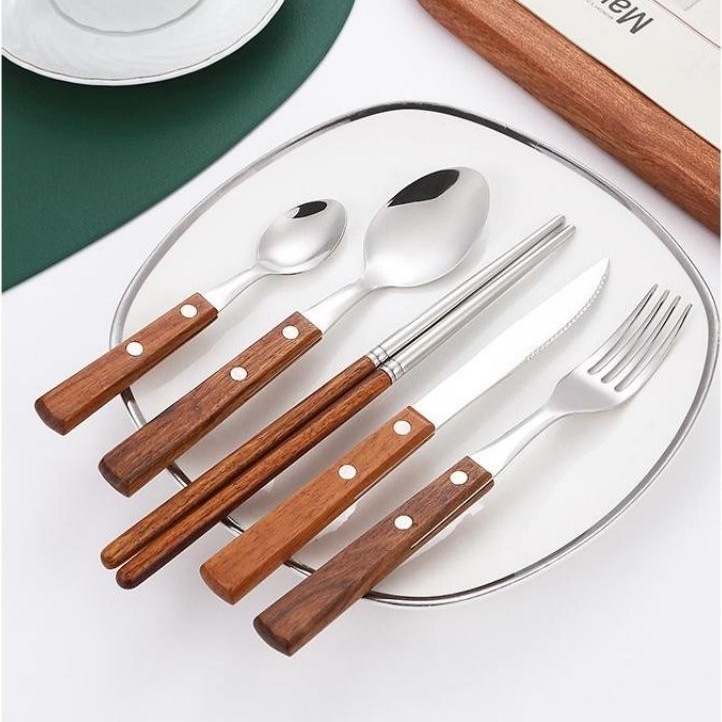 304 Stainless Steel Rosewood Tableware Creative Household Western Retro Utensils Hotel Knife Fork Spoon Gift Solid Wooden Spoon
