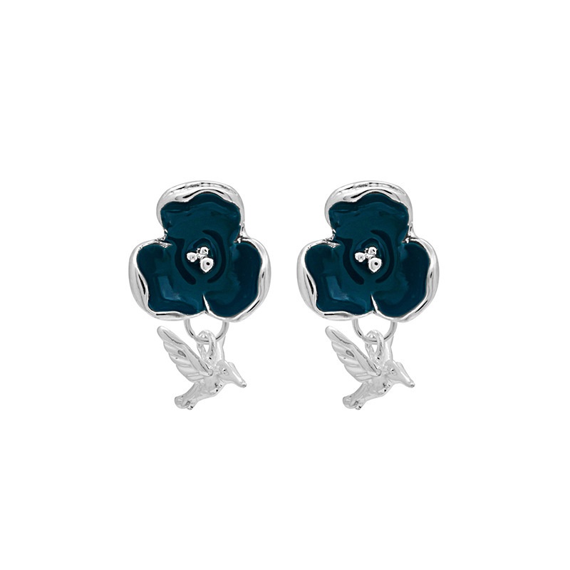 Silver Needle Blue Bird Flower Cute Earrings All-match Temperament Earrings