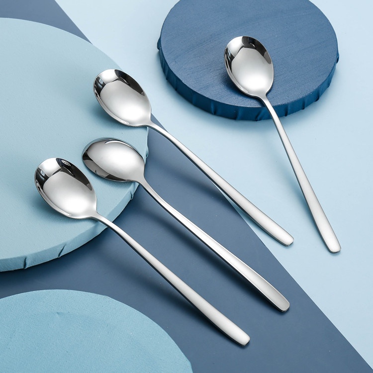 304 Stainless Steel Spoon Korean Round Head Dessert Spoon Fork Coffee Long Handle Stirring Household Student Bright Table Spoon