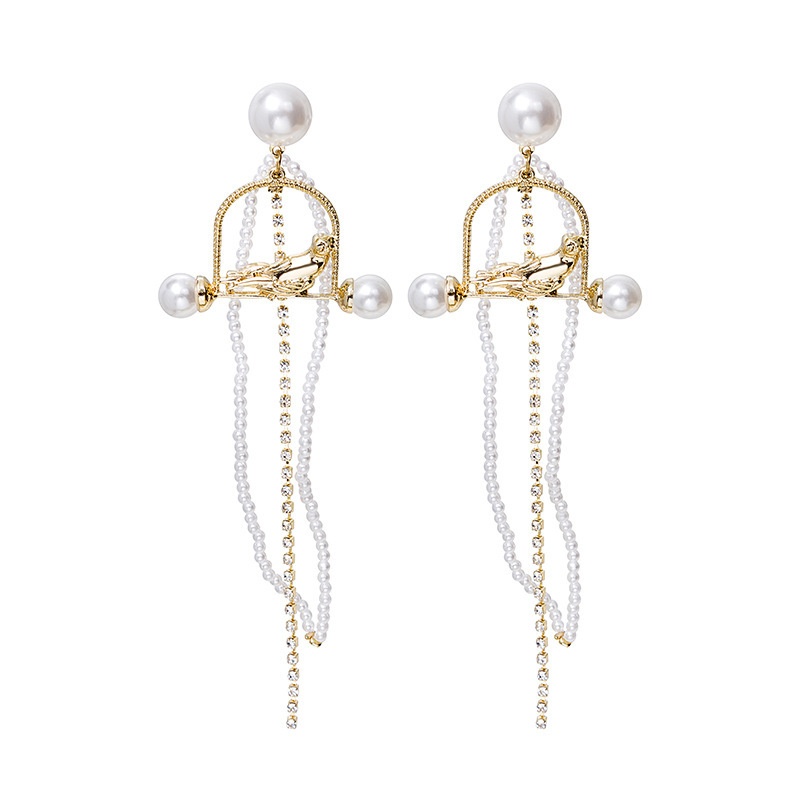 Silver Pin Long Tassel Metal Pearl Parrot Stud Earrings,Long Elegant Earrings
