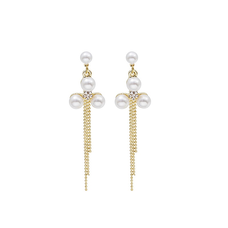 Silver Needle Pearl Tassel Earrings Long Temperament Versatile Diamond Earrings Gentle And Elegant Earrings