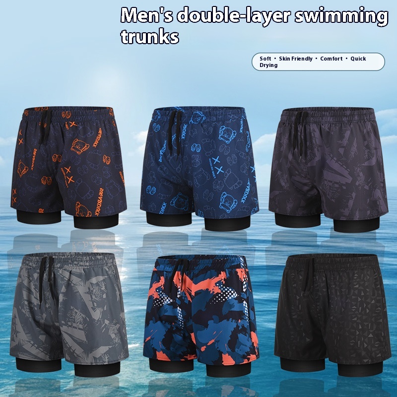 Men's Swimming Trunks Anti-embarrassment Double-layer Style Quick-drying Large-size Boxer Swimsuit Hot Spring Professional Swimming Full Set Of Equipment