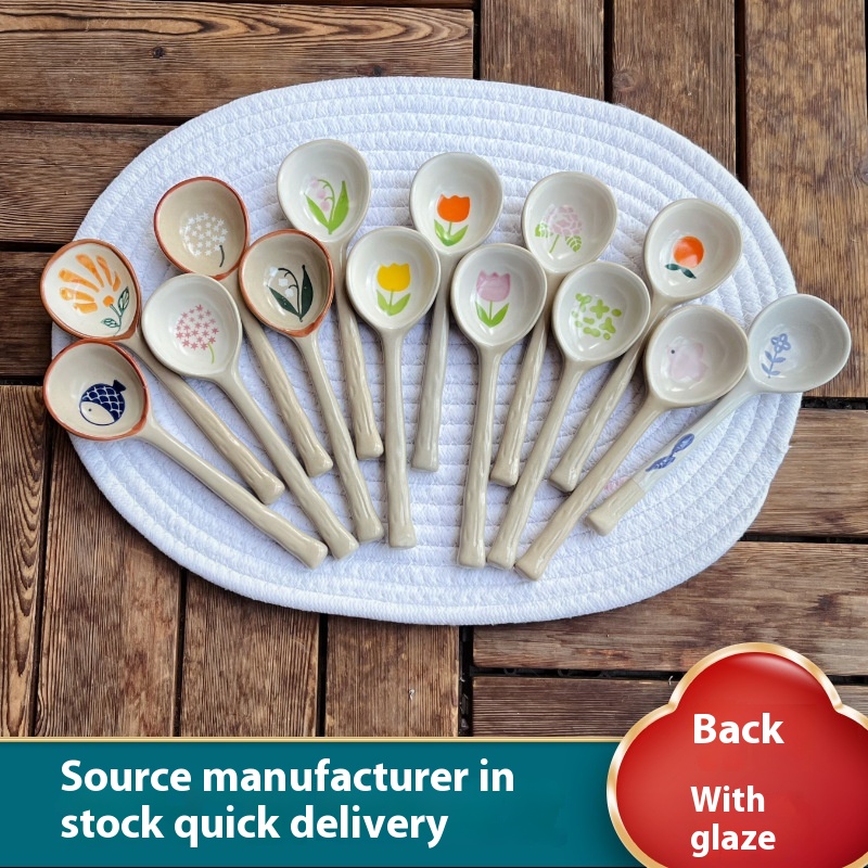 Copyright Japanese Ceramic Hand-painted Rice Spoon Cute Household Spoon Tulip Flower Long Handle Spoon With Glaze On The Back