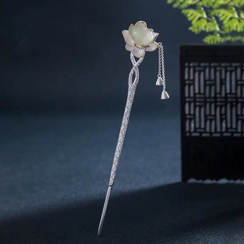 Blooming Lotus Hairpin Hetian Jade Hairpin925 Sterling Silver Ancient Style Hanfu Headdress Valentine's Day Gift For Girlfriend