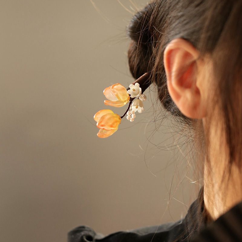 Chinese Style Flower Bun Wooden Hairpin Black Wood Hairpin Hanfu Accessories Step-shaking Simple Modern Retro Style Headdress Female