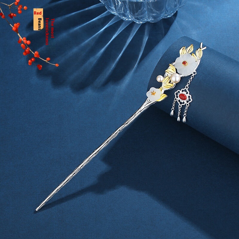 Chinese Style National Ancient Style Plum Blossom Red Bean Hairpin Female S925 Silver Plated Retro Tassel Step-shaking Hanfu Headdress Bun