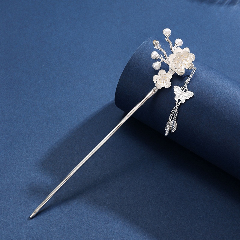 Peach Blossom Pearl Butterfly Tassel S925 Silver Hairpin Ancient Style Hair Bun All-match Flower Wrapped Step-Shaking Hanfu Headdress Silver Hairpin