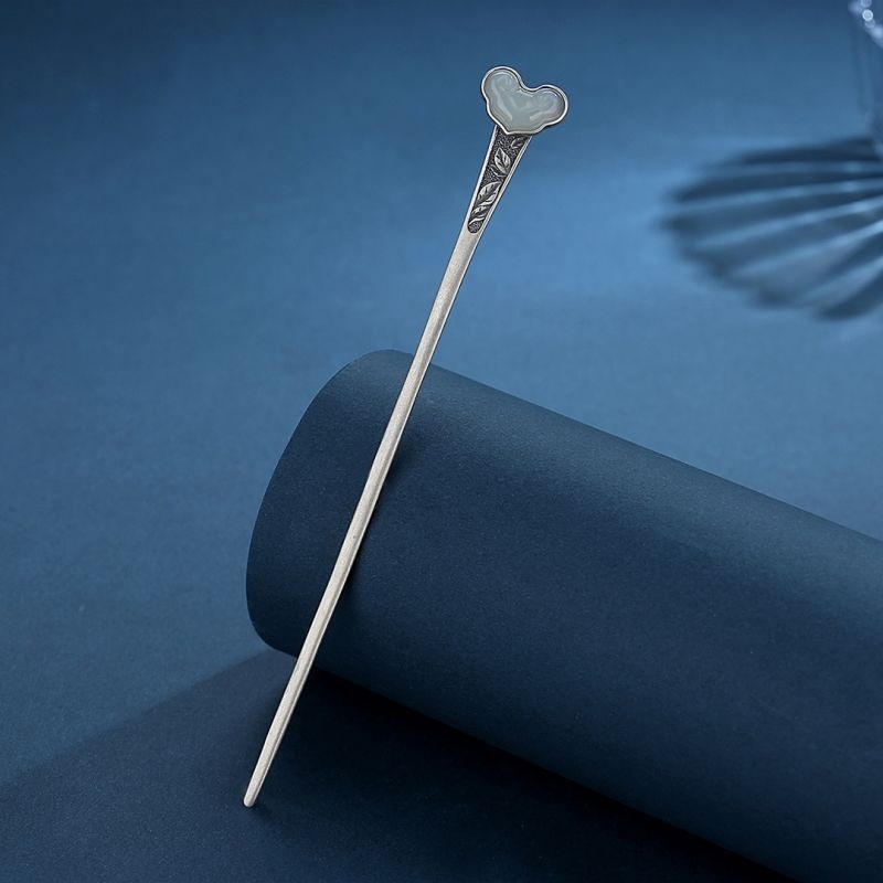 S925 Sterling Silver Hairpin Ancient Style Hairpin All-match Hetian Jade Ruyi Hairpin Step-shaking Hanfu One-word Hairpin Plain Hairpin