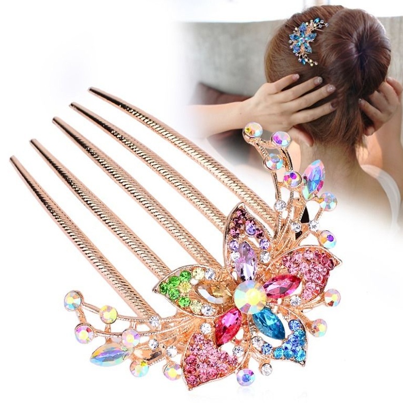 Comb Iron Teeth Rhinestone Flower Hairpin Mother's Elegant Hairpin Female Headdress Clip Hairpin Ball Headdress