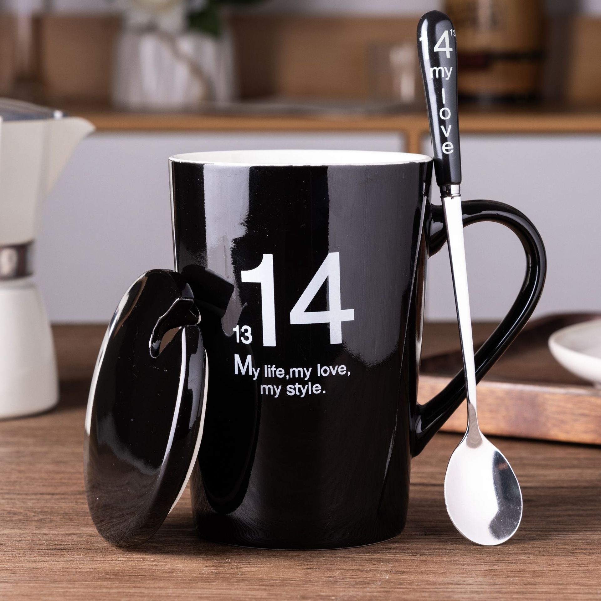 Creative Gift Mug Digital Ceramic Cup With Lid Spoon Handy Water Cup Milk Cup Coffee Cup