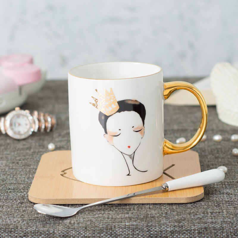 Creative European Style Ceramic Water Cup Gold Painted Milk Cup Couple Cup With Spoon Mug Ceramic Coffee Cup Printing