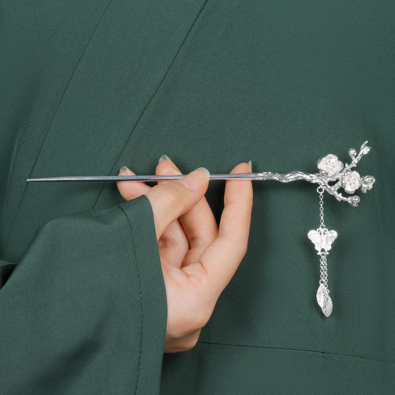 Retro Chinese Style Plum Blossom Hairpin S925 Silver Tassel Step-shaking Butterfly Love Flower Hairpin Headdress Hairpin Chinese Style Hair Accessories