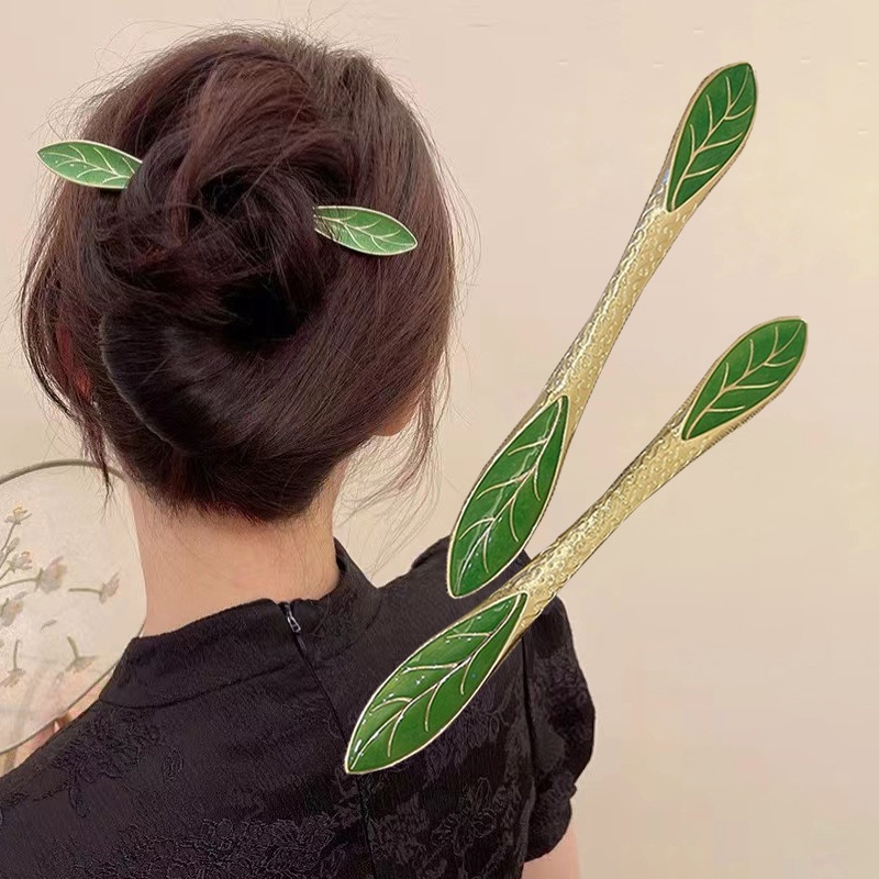Chinese Style Double-pointed Diamond Ball Hairpin Simple Metal Hairpin Net Red Cheongsam Green Leaf Back Head Clip