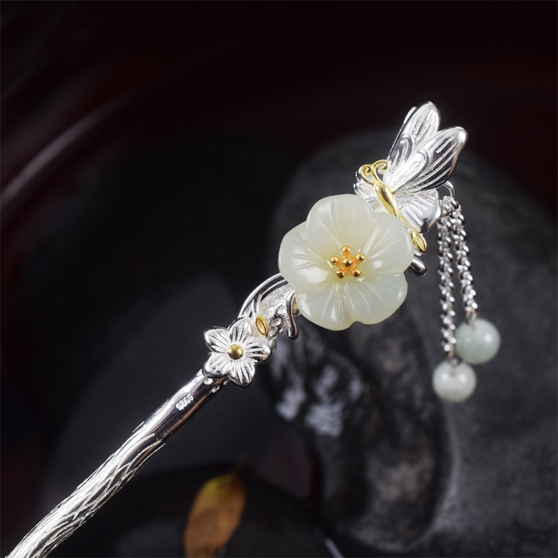 S925 Silver-plated Plum Blossom Butterfly Tassel Step-shaking And Nephrite Jade Hairpin Female Hanfu Bun Hair Ornament Hairpin