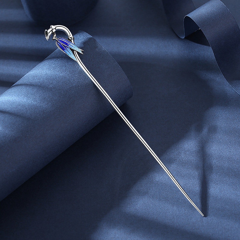 Cloisonne Bamboo Leaf Hairpin For Women,Ancient Style Hanfu,Retro Bun Hair Ornament,Blue-burned Hairpin