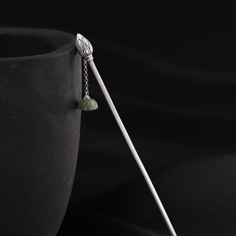 [Lotus Step-Shake]Ancient Hairpin S925 Sterling Silver Women's Ancient Hairpin Hetian Jade Lotus Tassel Retro Ethnic Style