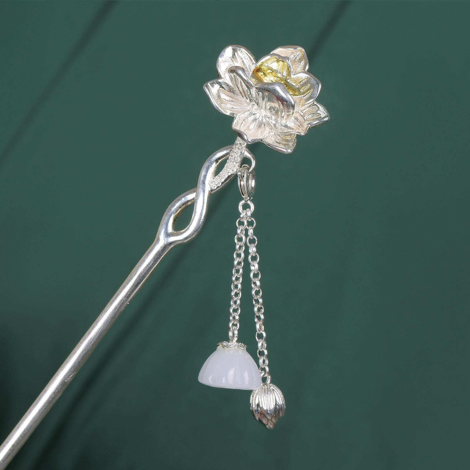 Lotus Hairpin Ancient Style S925 Silver-plated Hetian Jade Lotus Tassel Step-shaking Chinese Style Hairpin For Girlfriend Gift