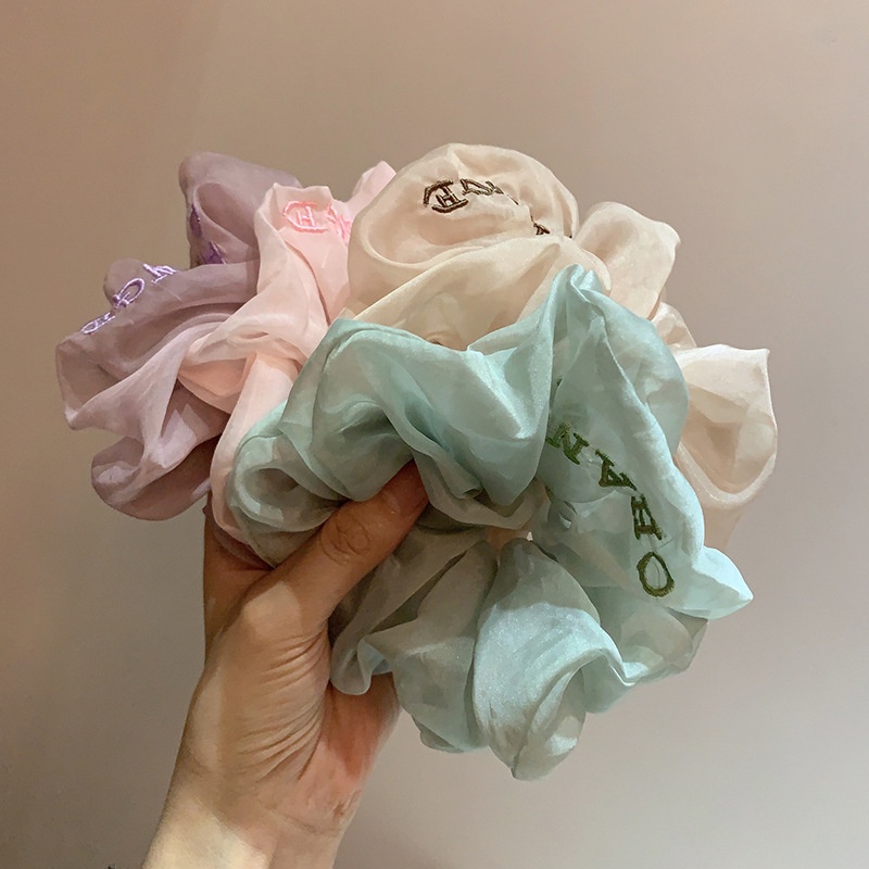 French Retro Girl Lazy Temperament Hair Ring Super Fairy Clear Fabric Embroidery Letter Fat Intestine Pleated Hair Rope Headdress