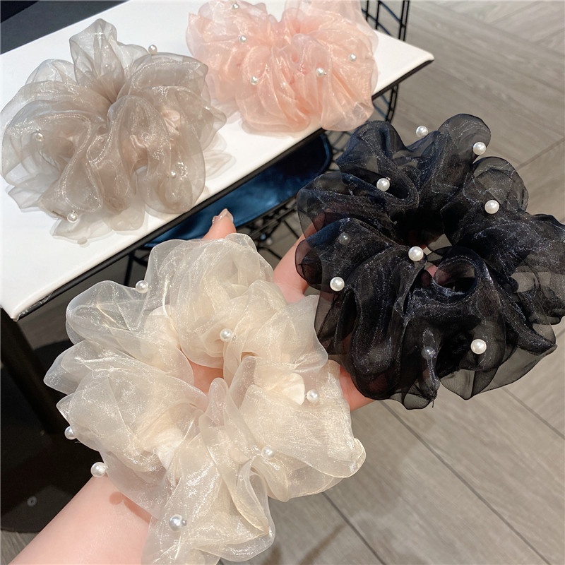 Korean High-grade Fairy Mesh Pearl Large Intestine Hair Ring Lazy Temperament Literary Headband Simple Large Intestine Circle Headdress
