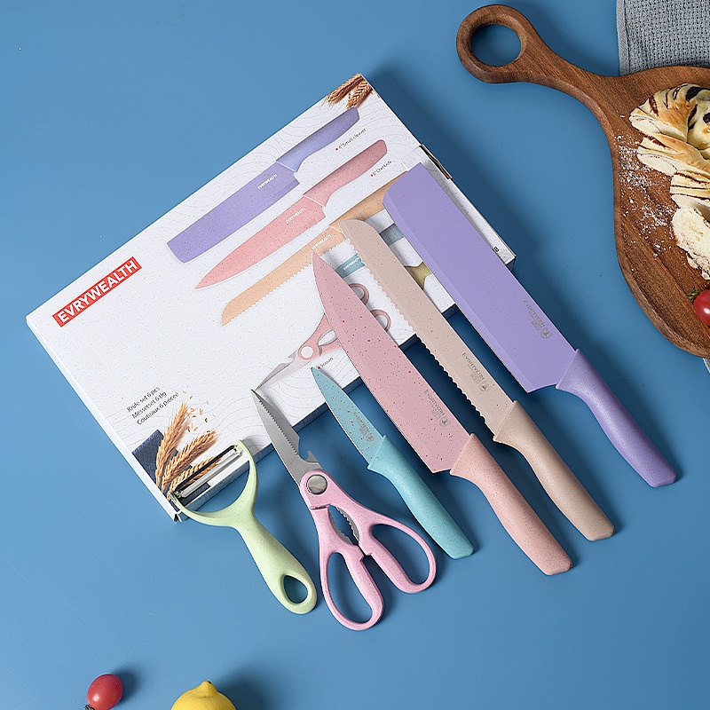 Wheat Straw Knife Set Colorful Six-piece Gift Set Household Kitchen Knife Set Net Celebrity Stainless Steel Knife Set