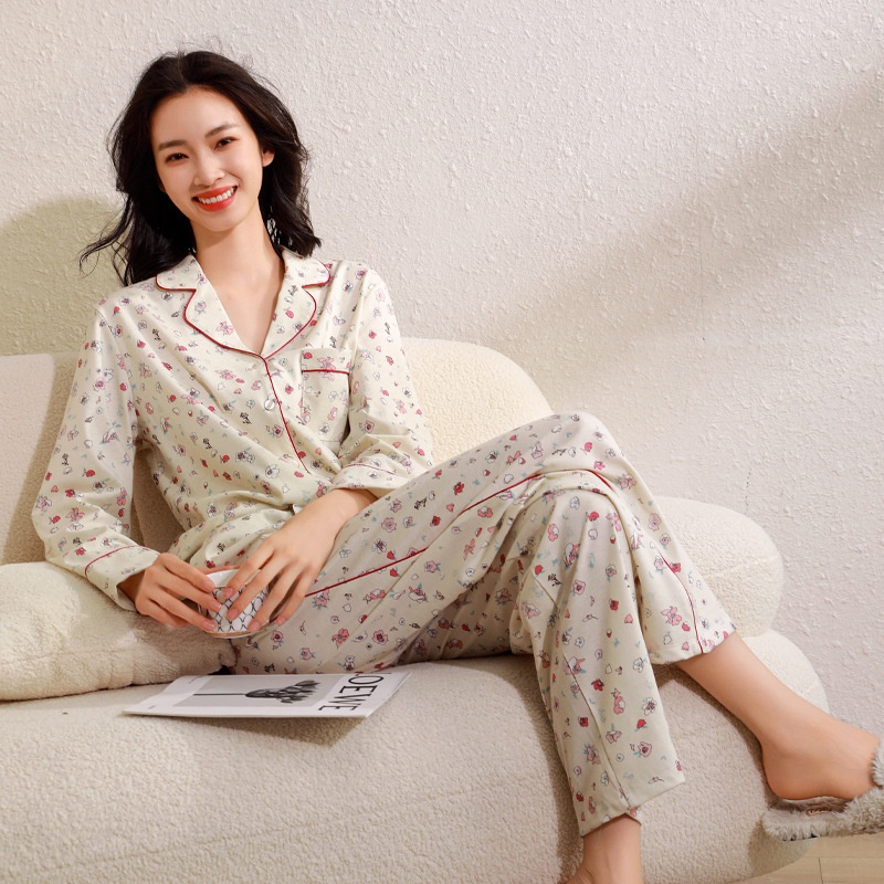 Pure Cotton Brushed Printed Pajamas For Women Spring And Autumn Long-sleeved Autumn Floral Loose Cardigan Pure Cotton Large Size Home Clothes Set
