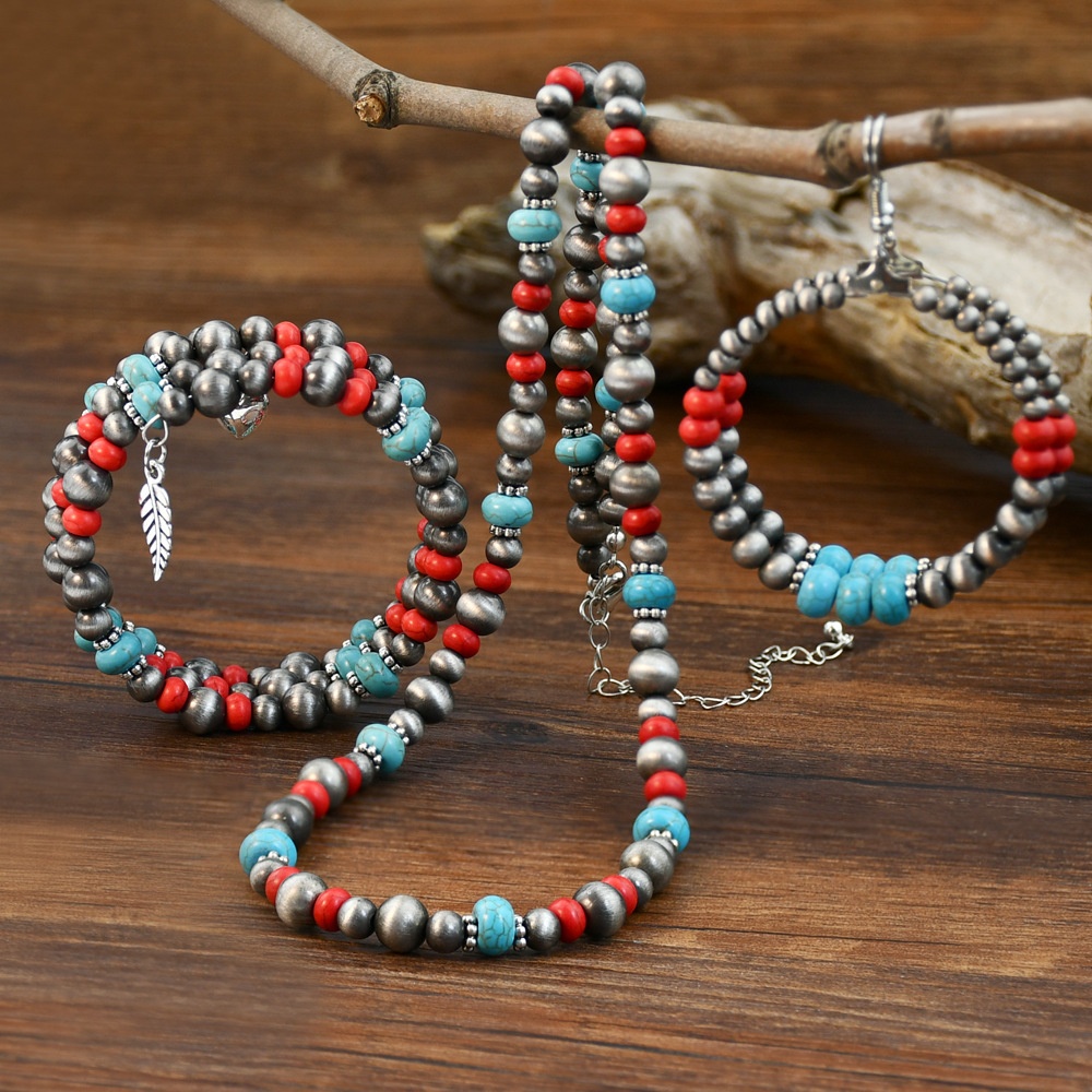 Retro Bohemian Red Turquoise Beaded Jewelry Ethnic Style Ancient Tin Necklace Earrings Bracelet Three-piece Set