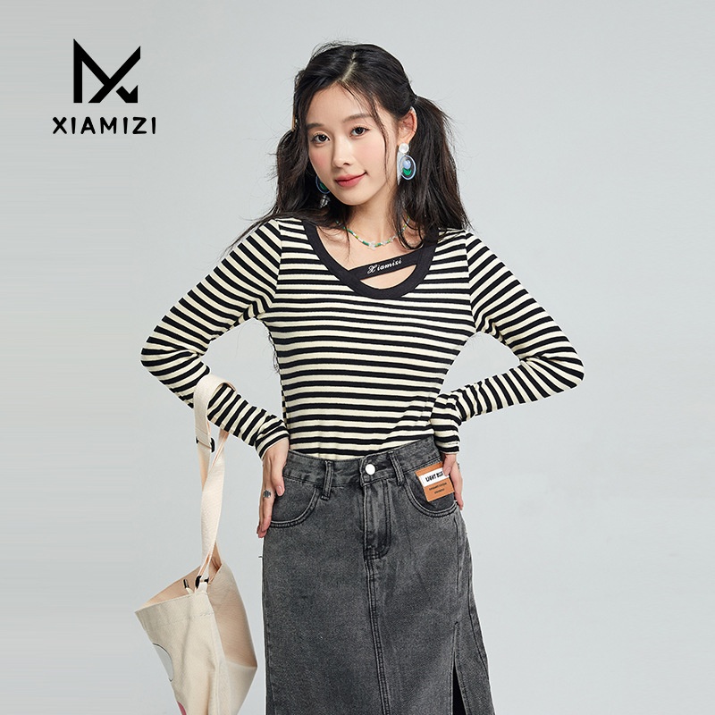 Sexy Striped Hollow Long-sleeved Knitted Bottoming Shirt For Women Early Autumn Design Niche Tops For Women