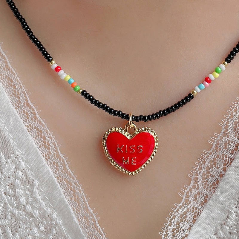 Original Handmade Rainbow Beaded Letter Necklace Versatile Women's T-shirt Love Pendant Stacking Style Accessories
