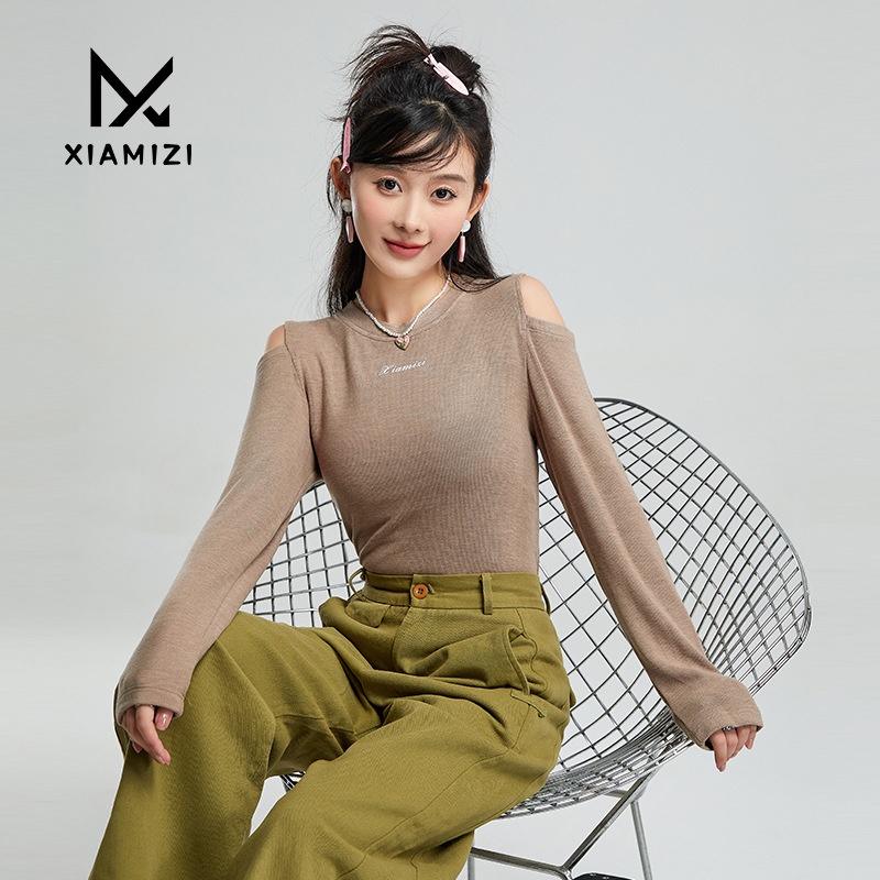 Hollow Long-sleeved Knitted Pullover For Women In Early Autumn,Slim-fitting Hot Girl Top With Off-shoulder Bottoming T-shirt For Women