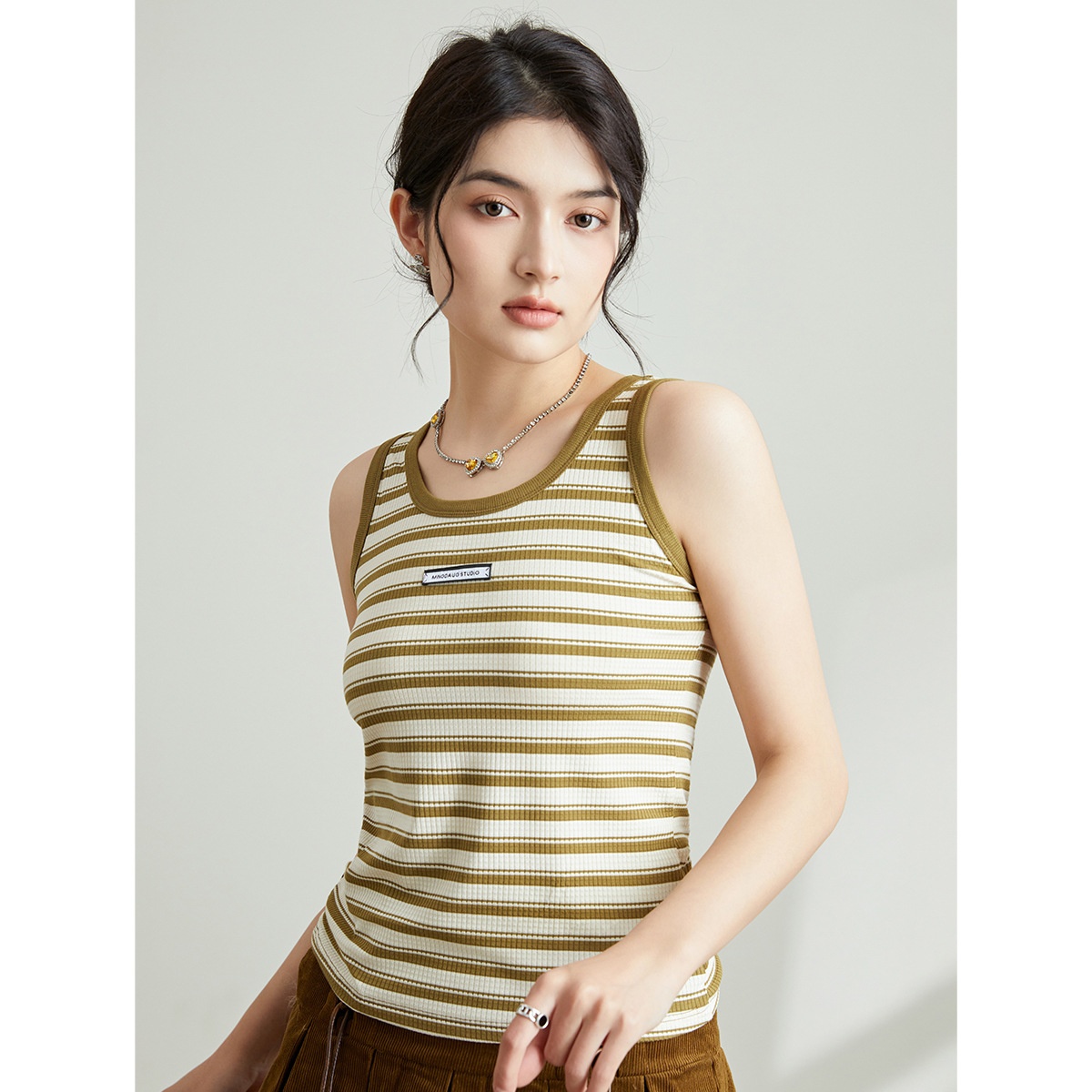 Contrast Color U-neck Striped Vest Spring And Summer All-match Casual Student Sleeveless T-shirt Top Bottoming Shirt