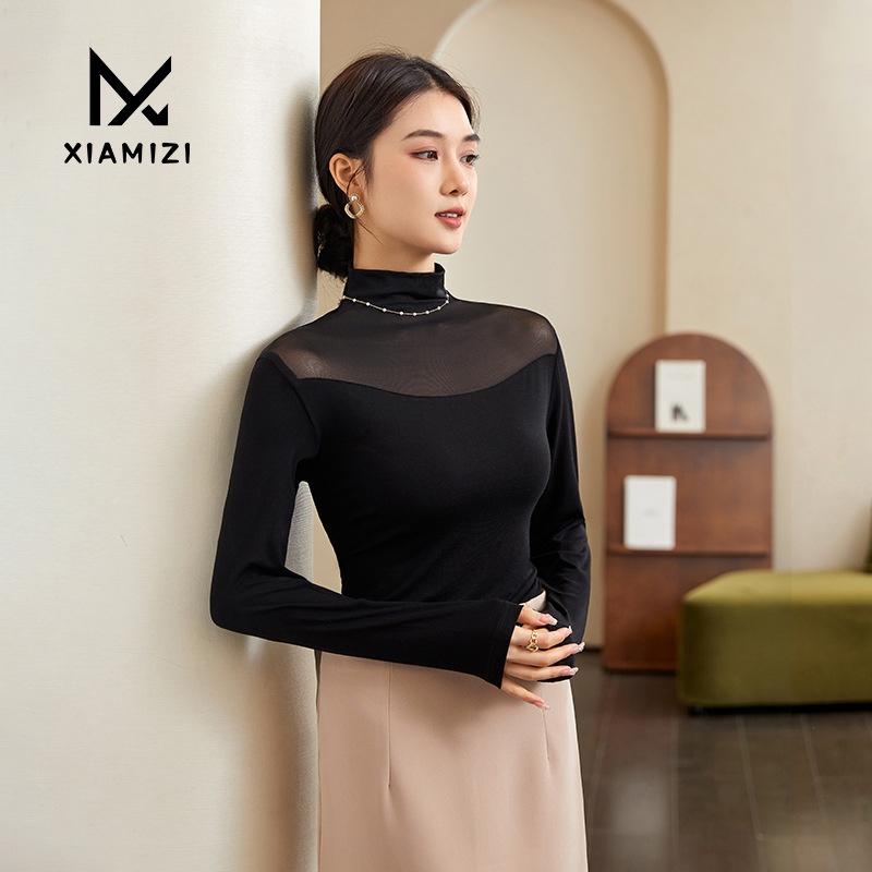 Autumn And Winter Half-high Collar Mesh Gauze Bottoming Shirt For Women,Slimming Long-sleeved Thin Transparent Gauze T-shirt Lace Top For Women