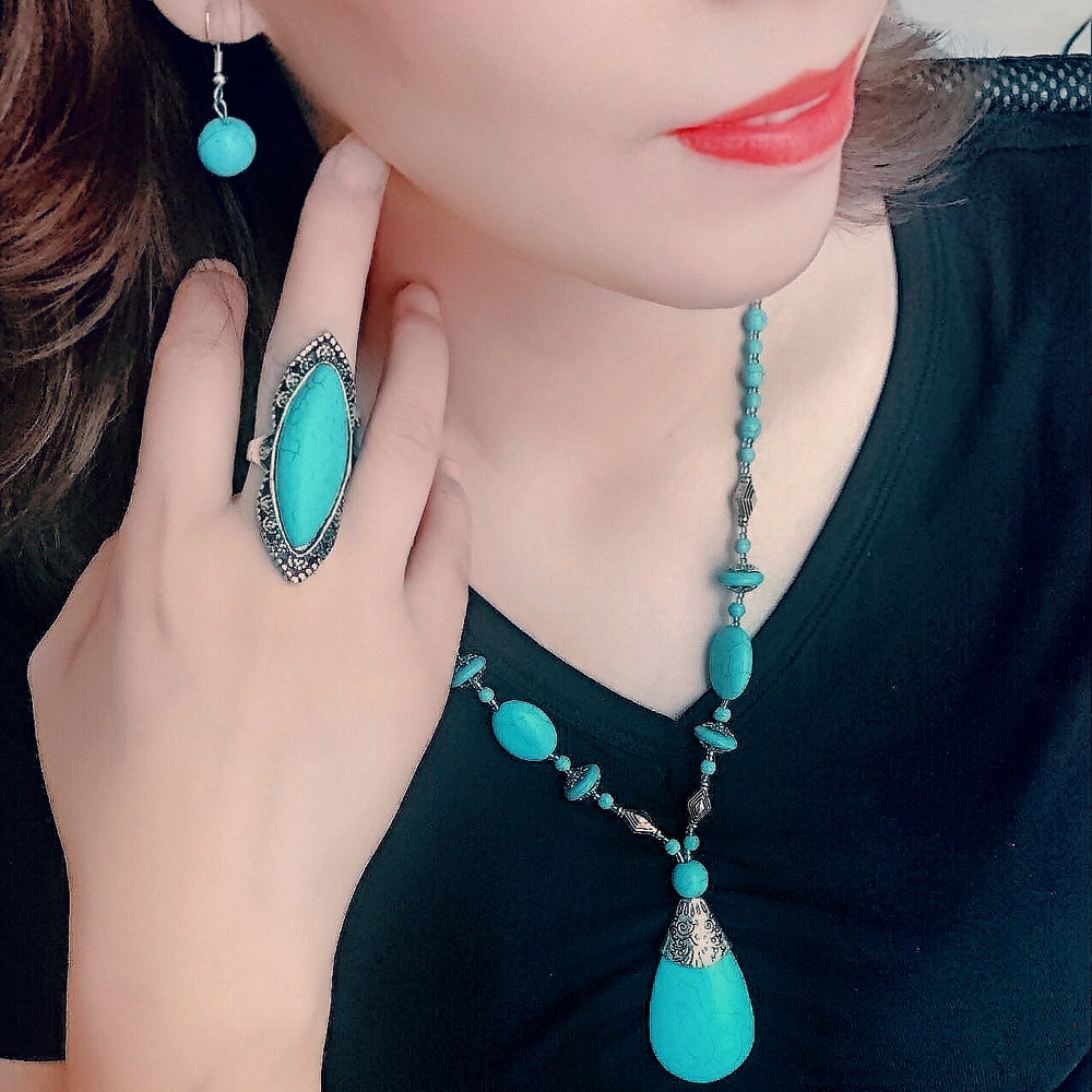 Water Drop Jewelry European And American Foreign Trade Retro Turquoise Necklace Earrings Set Accessories