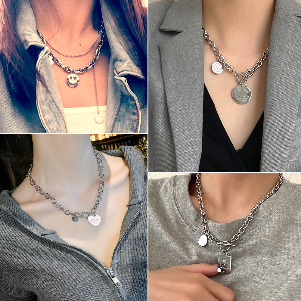 Internet Celebrity Japanese And Korean Simple Titanium Steel Necklace Female Style Stainless Steel Light Luxury Letter Round Love Pendant Clavicle Chain