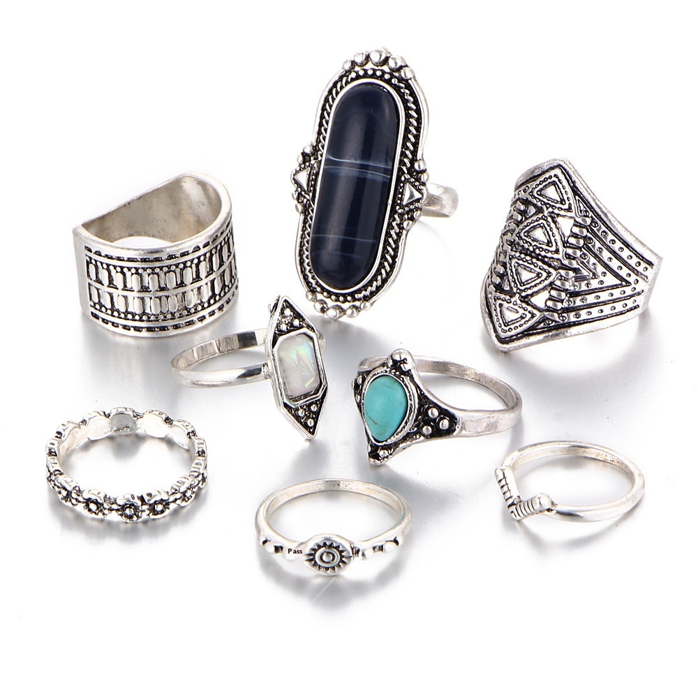 Bohemian Ring Ethnic Style Carved Diamond Retro Gemstone Ring Seven-piece Set