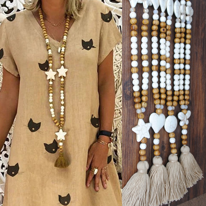 Foreign Trade Bohemian Handmade Wooden Beads Beaded Pendant Cotton Tassel Necklace Female Exotic Ethnic Style Sweater Chain