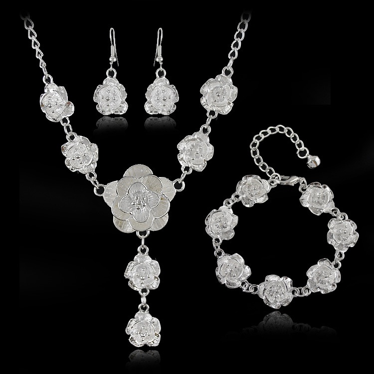 Bridal Jewelry European And American Wedding Roses Silver Three-piece Set Wedding Jewelry Bride
