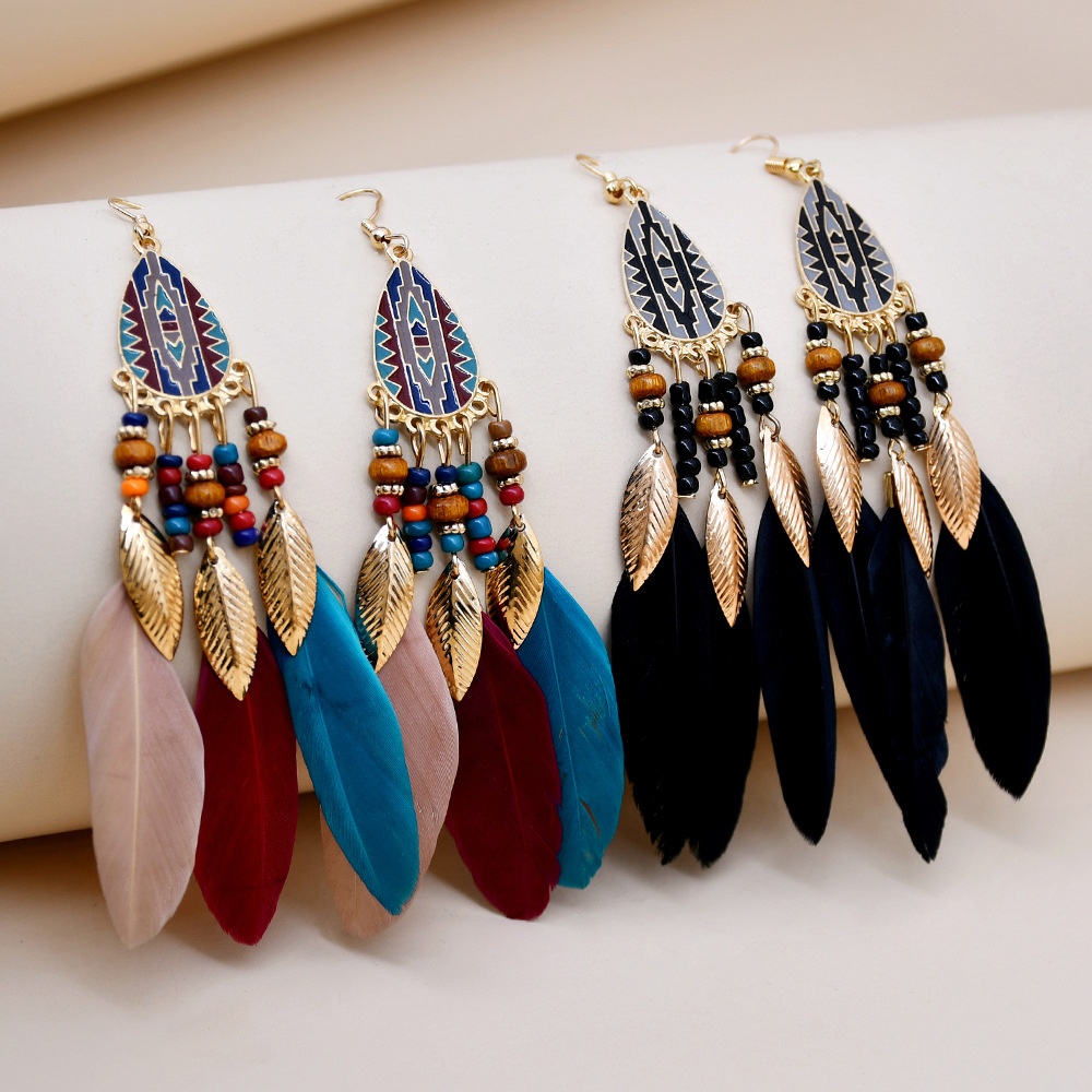 Nepal Bohemian Summer Long Tassel Feather Earrings Retro Geometric Ethnic Style Earrings