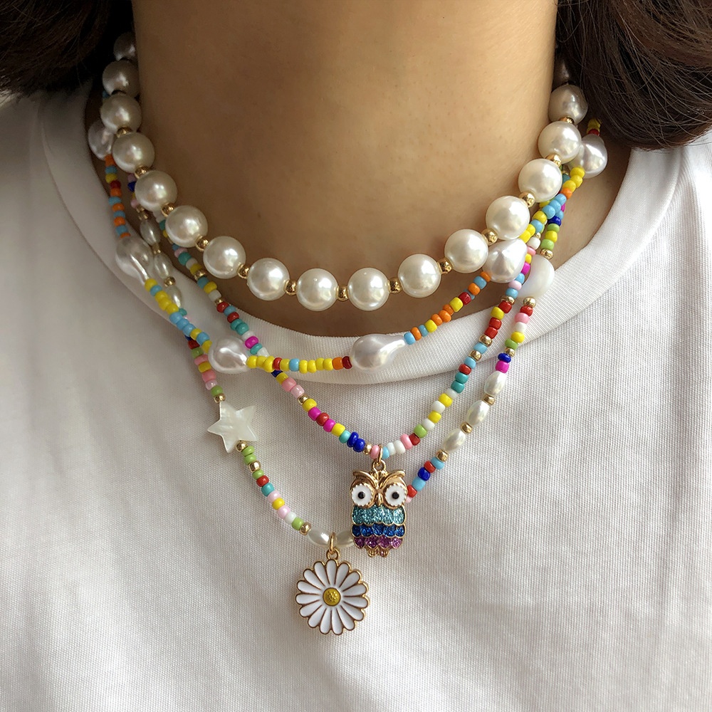 Korean Design Style Non-fading Necklace Female Owl Flower Necklace Colorful Rice Bead Clavicle Chain Jewelry