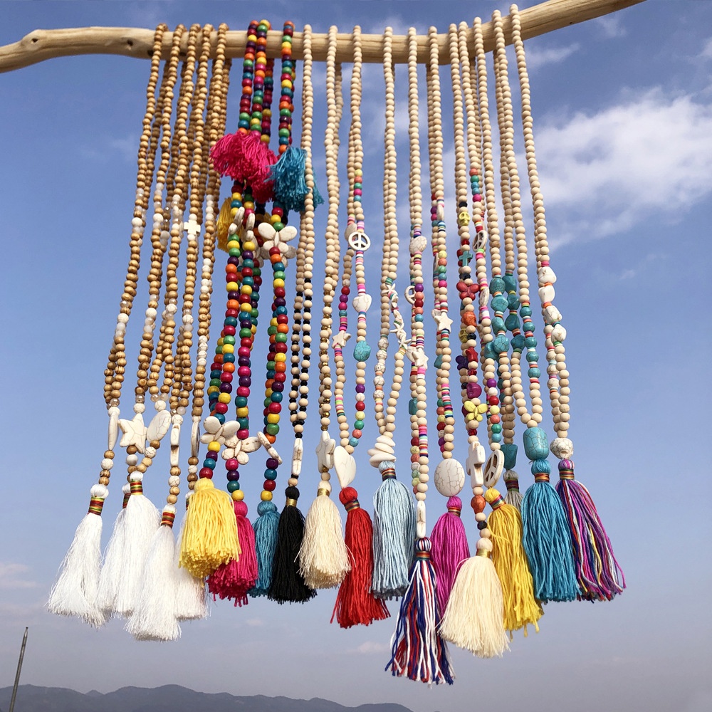 Ethnic Style Handmade Wooden Beads Necklace For Women Long Tassel Cross Pendant Necklace Autumn And Winter Sweater Cha