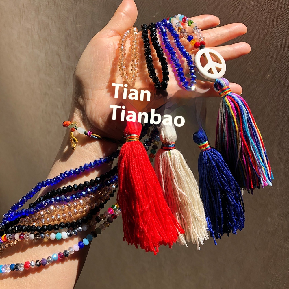 Bohemian Peace Symbol Crystal Beaded Sweater Chain Women Long Tassel Necklace Autumn And Winter Jewelry