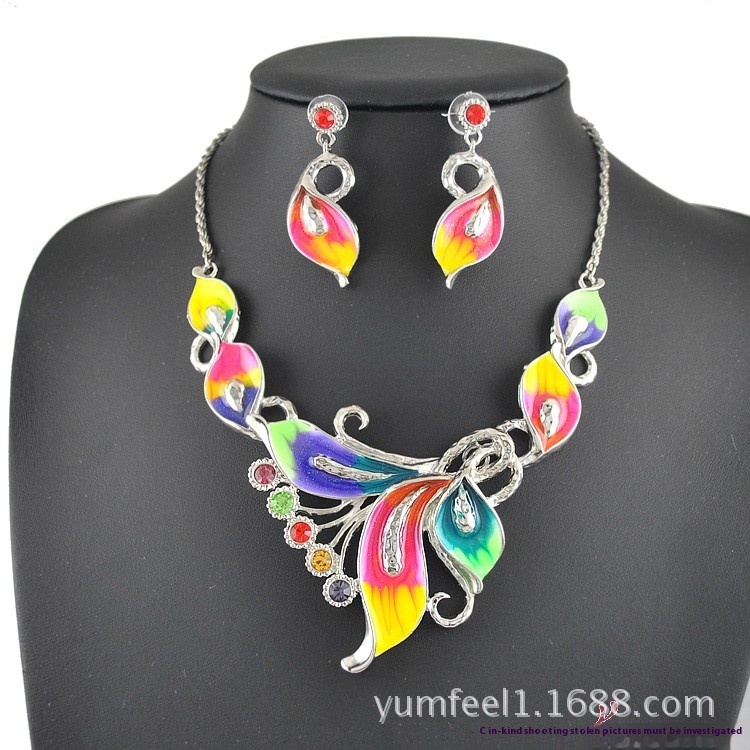 Foreign Trade Original Barro Style Leaf Colorful Irregular U-shaped Oil Painting Inlaid Diamond Pearl Necklace Earrings Two-piece Set