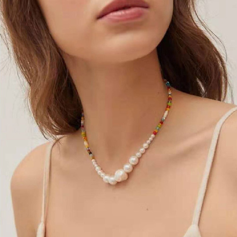 Irregular-Shaped Asymmetrical Pearl Choker Necklace With Multicolored Rice Beads
