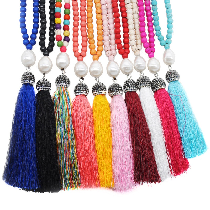 Fashion European And American Jewelry Handmade Turquoise Beaded Tassel Necklace Bohemian Ethnic Style Long Sweater Chain