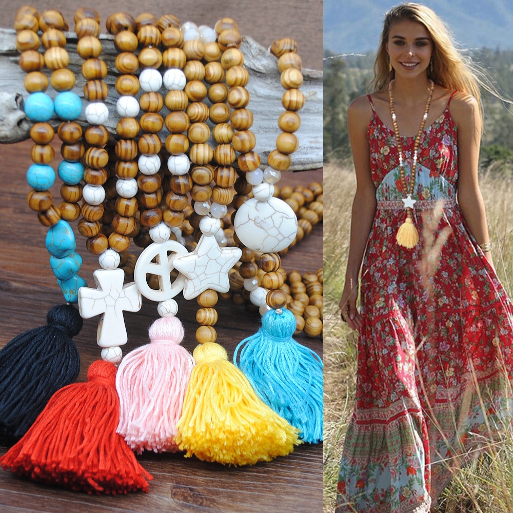 Bohemian Skirt Accessories Ancient Style Wooden Beads Necklace Female Color Tassel Butterfly Star Turquoise Pendant European And American Jewelry