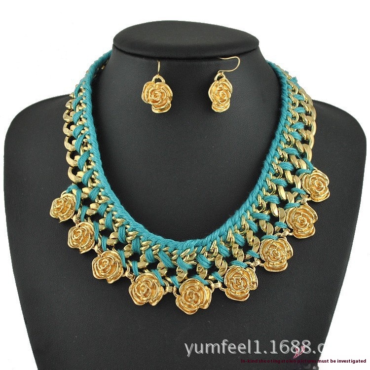 S092 European And American Fashion Rose Flower Braided Rope Clavicle Chain Necklace Earrings Two-piece Set Foreign Trade Tail Order