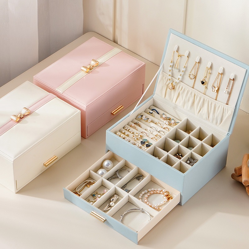 Korean Jewelry Storage Box Bow Double Layer Large Capacity Jewelry Box Necklace Ring Earrings Hand Jewelry Box