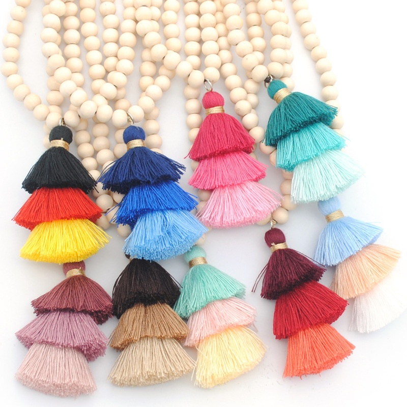 Colorful Three-layer Rope Tassel Skirt Tassel Necklace Handmade Beige Wooden Beads Long Sweater Necklace For Women9 Colors